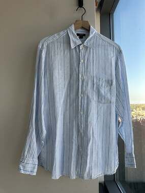 J.Crew 100% Linen Light Blue White Vertical Striped Long Sleeve Shirt Coastal M